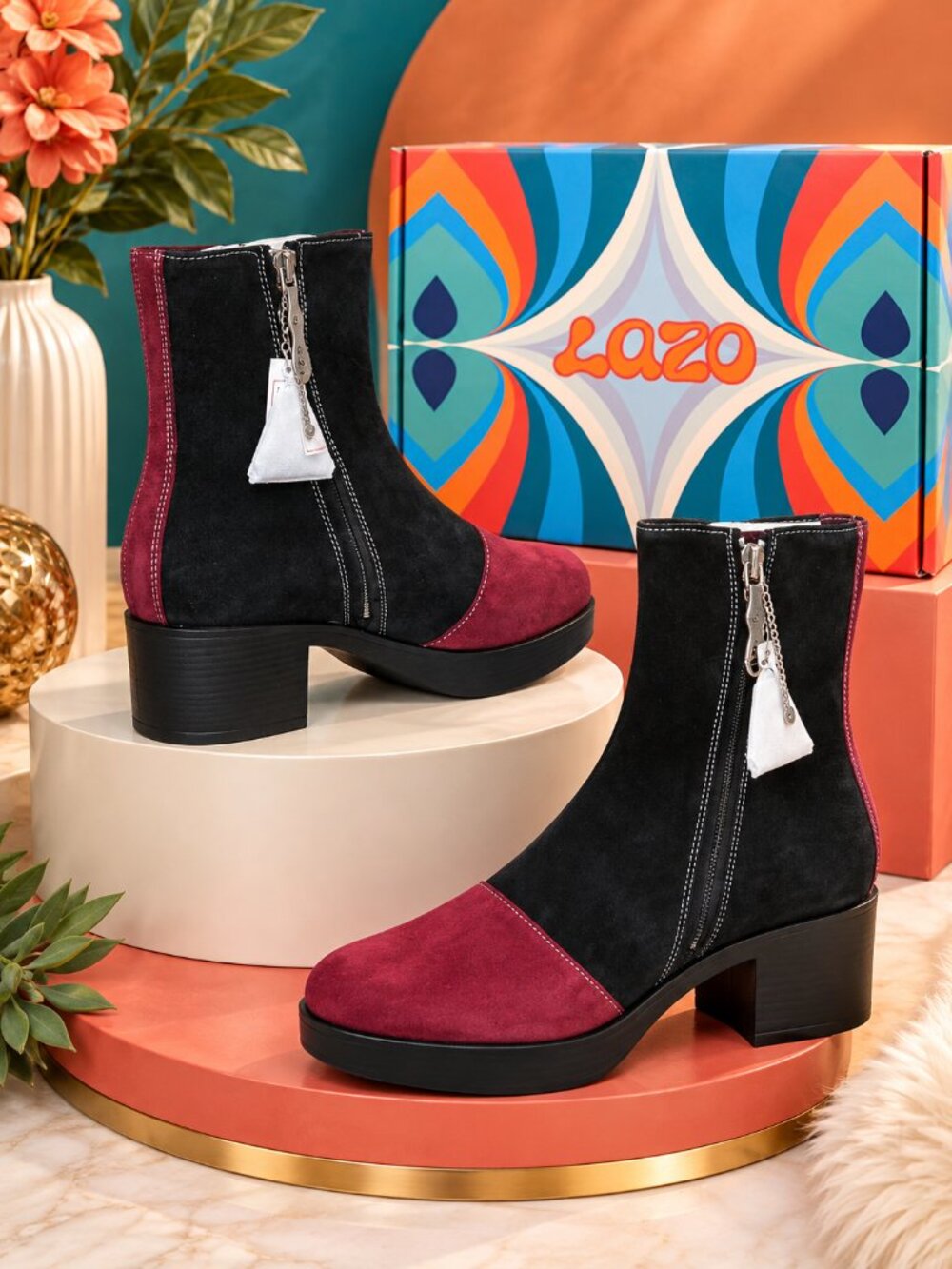 ❤️ Lazo The Siren Ankle Boots – Rhodolite Red & Obsidian Black Suede